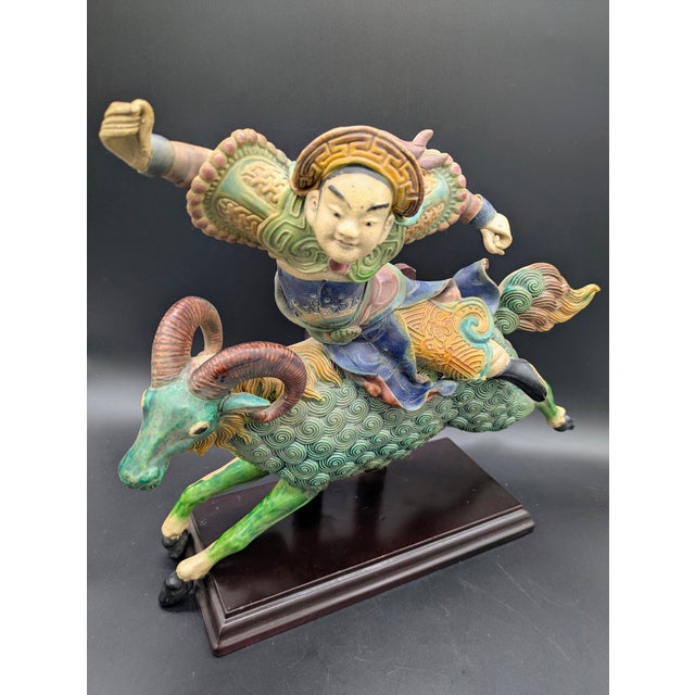 1900 - 1909 Antique Chinese Polychrome Glazed Imperial Tile: Warrior/Deity Riding a Ram For Sale - Image 5 of 8