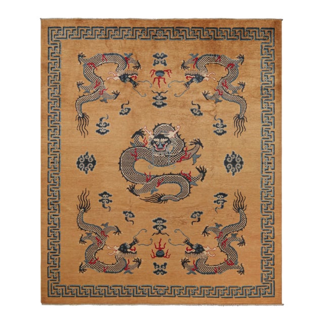 Rug & Kilim’s Chinese Style Dragon Rug in Brown With Red and Blue Pictorials For Sale