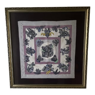 Vintage 1990s Hermes Teddy Bear Scarf Les Confidents Du Coeur Framed Art Piece For Sale