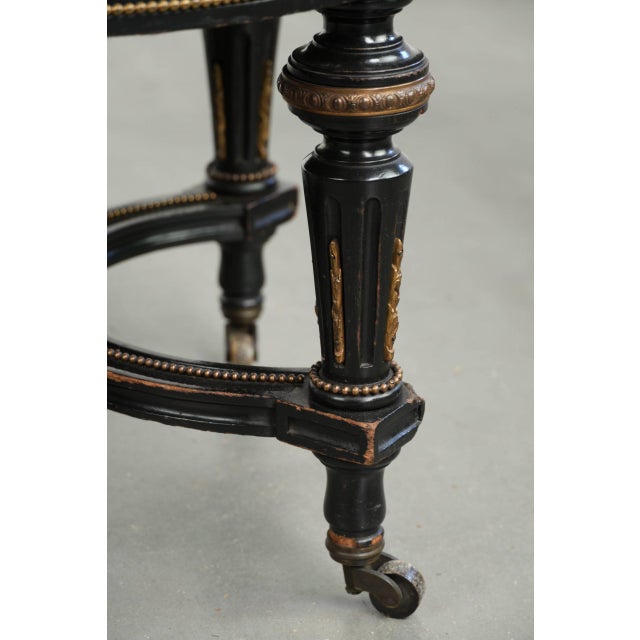 Antique English Stool with Red Fabric Seat and Black Wooden Base with Gold-Colored Details For Sale - Image 11 of 12