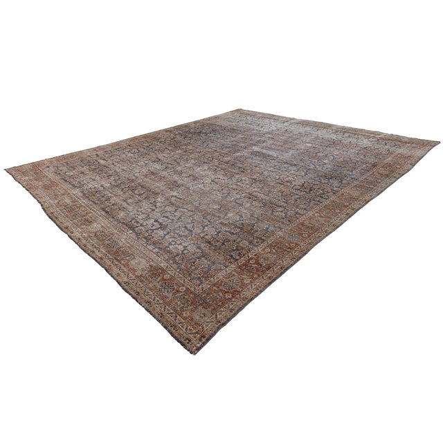 19th Century Antique Mahal Wool Rug With Muted Terracotta & Indigo Palette For Sale - Image 9 of 11