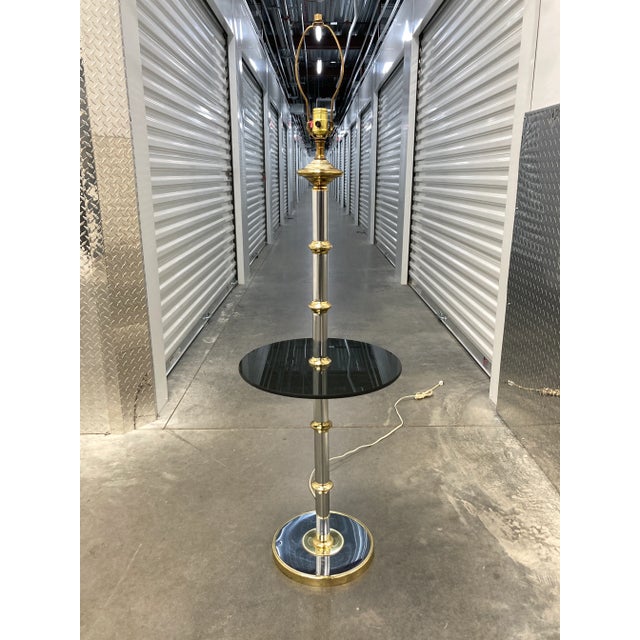 Modernist Faux Bamboo Chrome & Brass Floor Lamp With Glass Tray Table in Mastercraft For Sale - Image 10 of 13