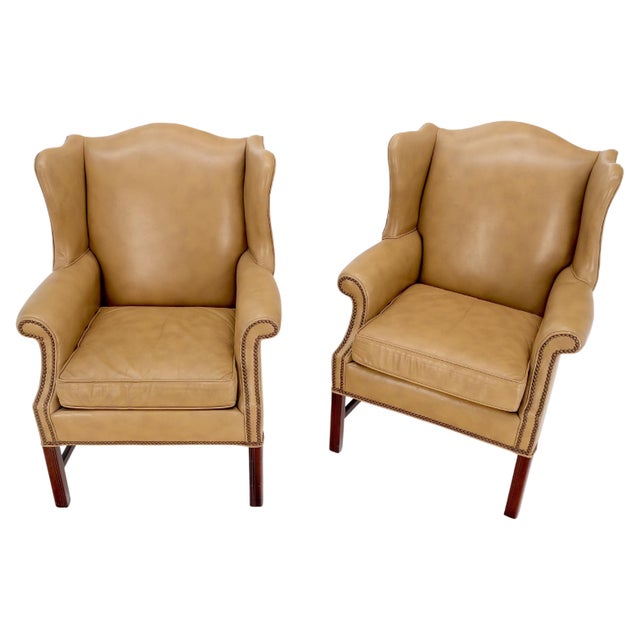 Pair of Tall Tan Leather Wing Chairs on Solid Mahogany Stretcher Base Mint! For Sale - Image 10 of 17