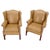 Pair of Tall Tan Leather Wing Chairs on Solid Mahogany Stretcher Base Mint! For Sale - Image 10 of 17