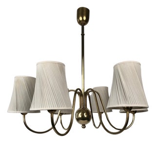 Six Arm Chandelier with Silk Shades in Brass from Josef Frank, Austria, 1930s For Sale