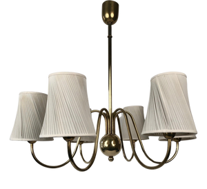 Six Arm Chandelier with Silk Shades in Brass from Josef Frank, Austria, 1930s