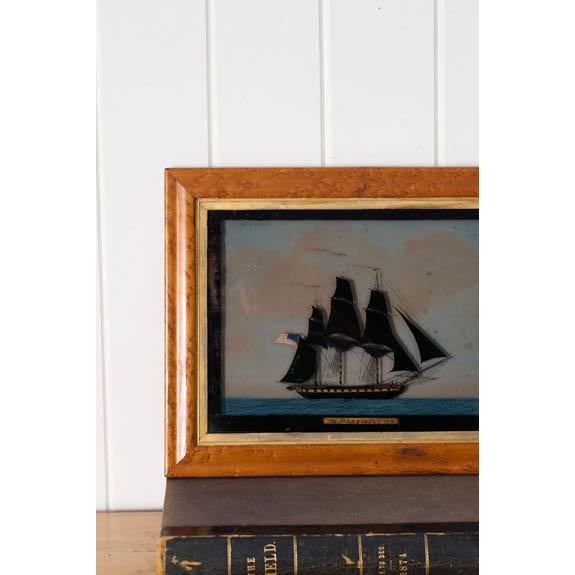 Antique reverse glass maritime artwork depicting the American frigate President (1814). Reverse-painted on glass and...