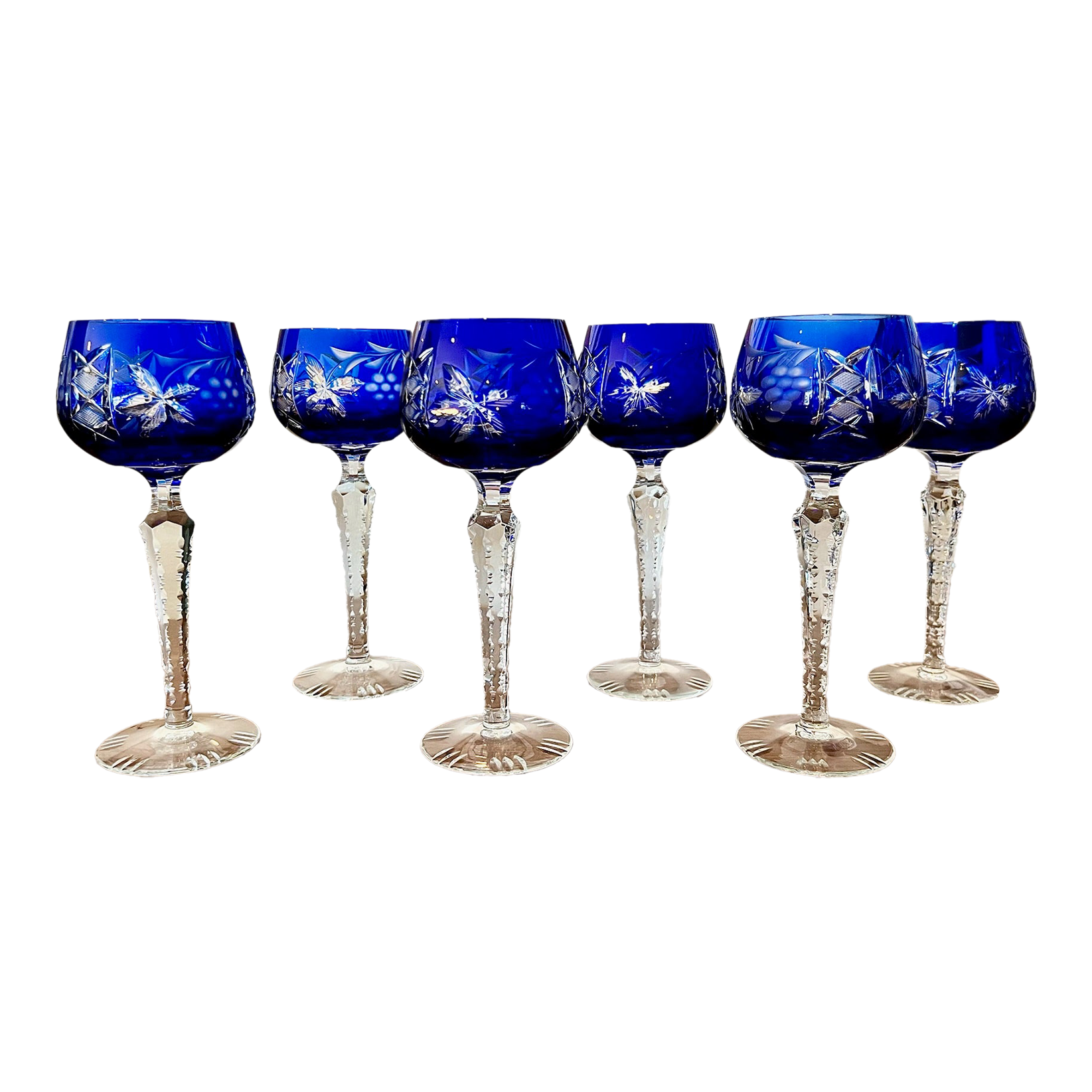 Vintage Midcentury Cut to Clear Crystal Cobalt Blue Wine Glasses- Set of 6  | Chairish