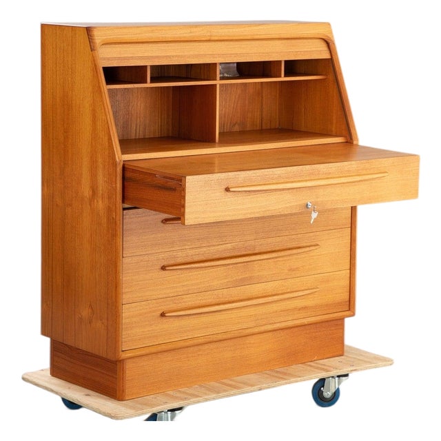 Tambour Roll-Top Teak Secretary Desk by Bernhard Pedersen + Søn For Sale