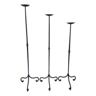 Hand Forged Iron Candelabra Set of 3 (90-110cm) Antique Copper Finish Straight Stem with Ornate French Scroll Feet For Sale