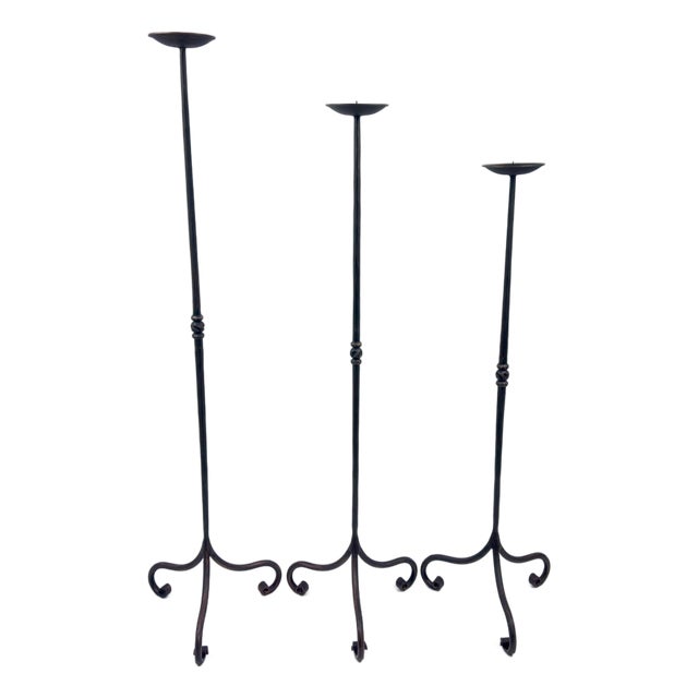 Hand Forged Iron Candelabra Set of 3 (90-110cm) Antique Copper Finish Straight Stem with Ornate French Scroll Feet For Sale