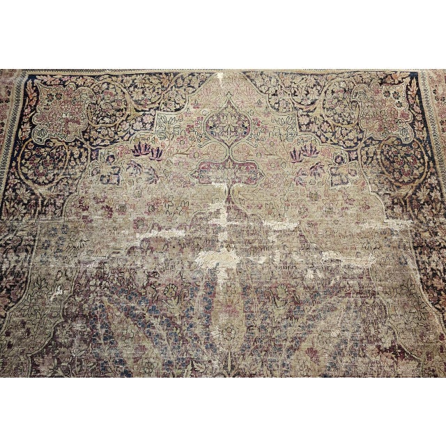 Beige 19th Century Persian Kerman Lavar Rug, Hand-Knotted Wool, Floral Pattern, Ivory & Burgundy, 9x13 For Sale - Image 8 of 15