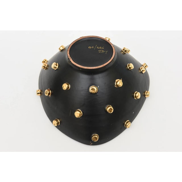 Vintage Italian Alvino Bagni for Bitossi Black Ceramic Bowl and Vase With Gold Plated Studs, 1960's For Sale - Image 10 of 12