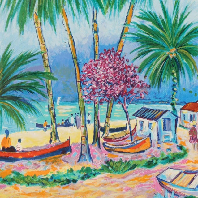 Post Impressionist Vintage Limited Edition Jean-Claude Picot Serigraph "Barques De Pêche en Guadeloupe" Signed and Numbered. For Sale - Image 3 of 8