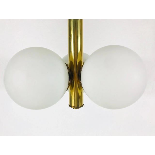 Kaiser Leuchten 1960s Mid-Century Modern 3-Arm Opaline Glass and Brass Pendant Lamp by Kaiser, Germany For Sale - Image 4 of 10