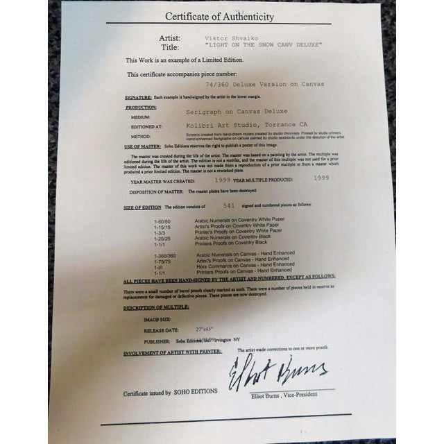 1990s Viktor Shvaiko"Light on the Snow"Hand Signed Serigraph on Canvas, Europe #74/360 For Sale - Image 5 of 8