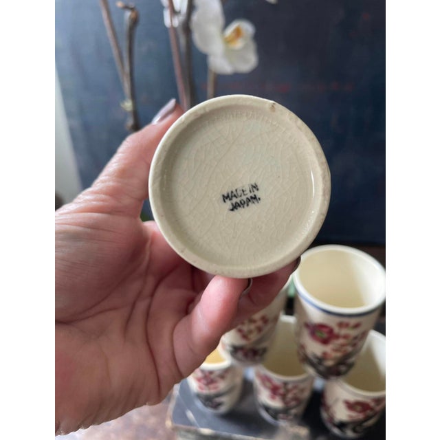 Gorgeous set of 6 ceramic Vintage Japanese handpainted cherry blossom juice tumblers. Pretty deep rosy blooms in black...