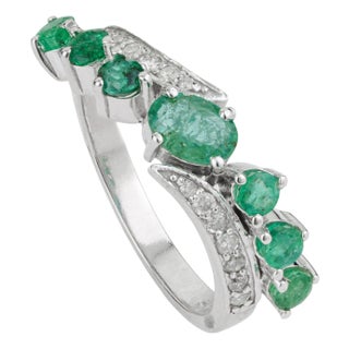 Hallmarked 925 Silver Natural 1.26 Ct Emerald & Diamond Wave Ring Size 6 For Sale