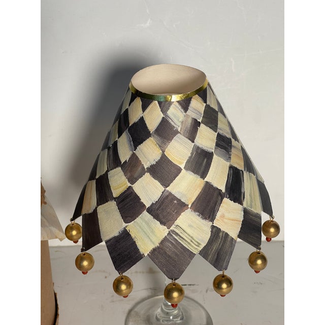Original vintage whimsical Handpainted lamp shades with brass bells, in original box.