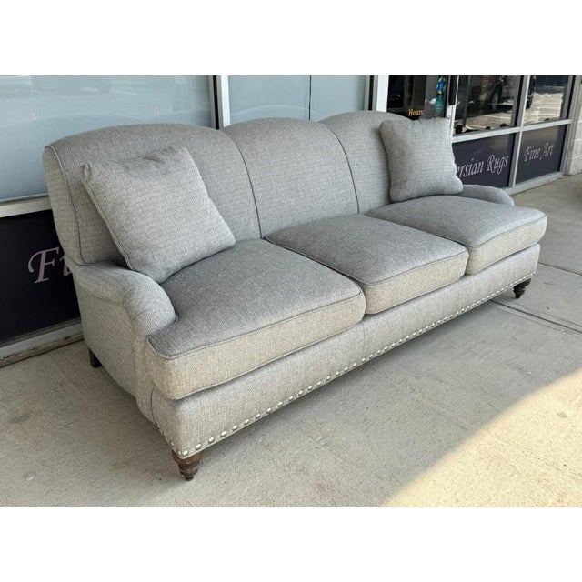Contemporary Arhaus Upholstered Gray-Blue Three-Seat Sofa With Rolled Arms For Sale - Image 3 of 16