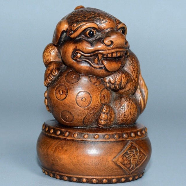 Wood Pair of Carved Boxwood Guardian Lions – 3" Foo Dog Figures With Pedestals For Sale - Image 7 of 9