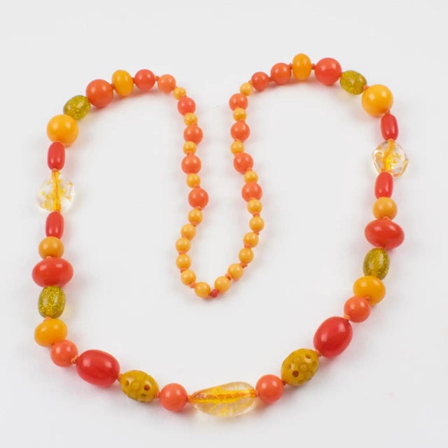 Plastic Bakelite and Lucite Long Necklace Sunny Yellow and Orange Colors For Sale - Image 7 of 15