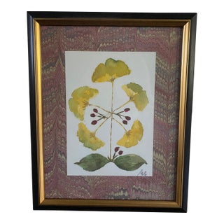 Original Botanical Watercolor With Marble Paper Matting - Ginkgo Leaf For Sale