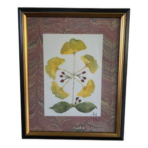 Original Botanical Watercolor With Marble Paper Matting - Ginkgo Leaf