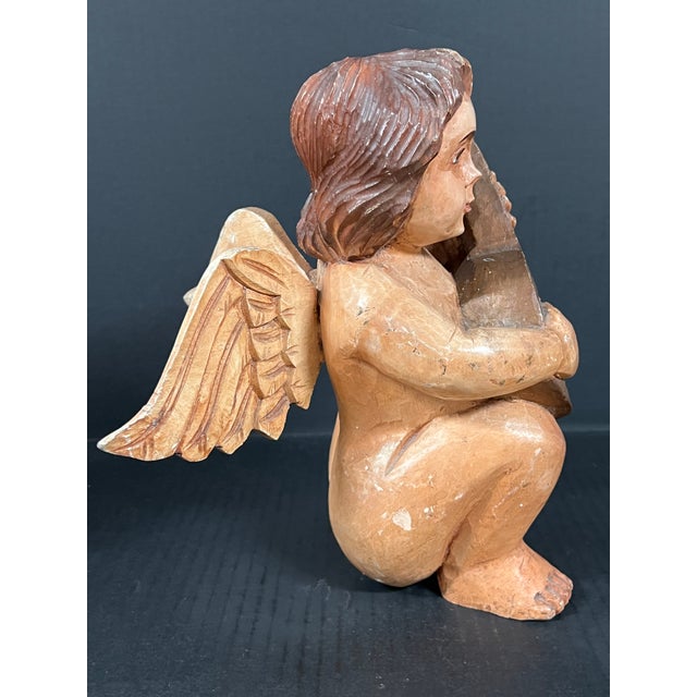 Late 20th Century Vintage Hand Carved Wooden Cherub Angel Glass Eyes and Playing a Mandolin Sculpture For Sale - Image 5 of 7