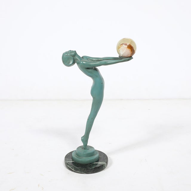 Gemstone Art Deco Sculptural Onyx & Veria Green Marble Nude Flapper Signed Max Le Verrier For Sale - Image 7 of 17