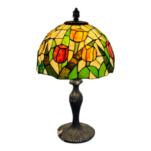 Vintage Tiffany Style Large Stained Glass Tulip Accent Lamp Antique Bronze Finisg Base 22"h