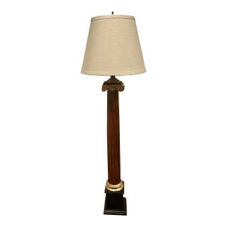 Vintage Column Hand Carved Chestnut Table Lamp With Restoration Hardware Sand Linen / Gold Lining Shade For Sale