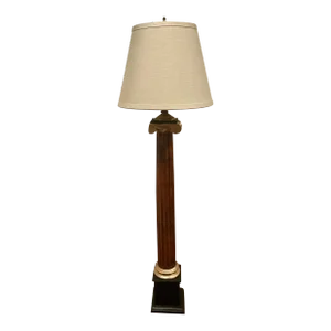 Vintage Column Hand Carved Chestnut Table Lamp With Restoration Hardware Sand Linen / Gold Lining Shade