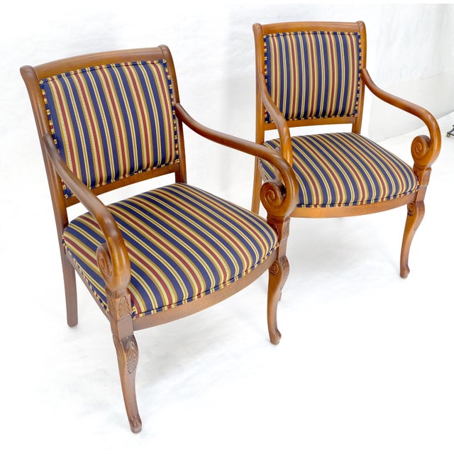 Mid 20th Century Pair of Regency Style Carved Open Arm Fireside Lounge Chairs Stripe Upholstery For Sale - Image 5 of 18