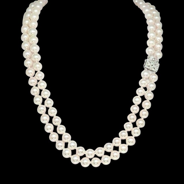 Gemstone 1990s Diamond Akoya Pearl Necklace 8 Mm 14k Gold 18 3/4" 2-Strand Certified For Sale - Image 7 of 15