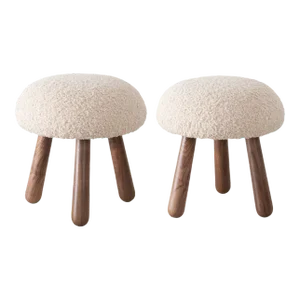 Wooly Ottomans in Natural Faux Lambswool & Walnut by Object Refinery- a Pair