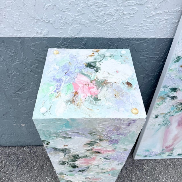 Abstract Vintage Textured Floral Painted Pedestal and Painting - 2 Pieces For Sale - Image 3 of 9