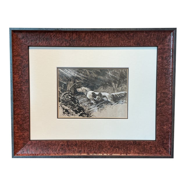 Vintage Hunting Dog Gouache Painting Portrait in Wood Frame For Sale