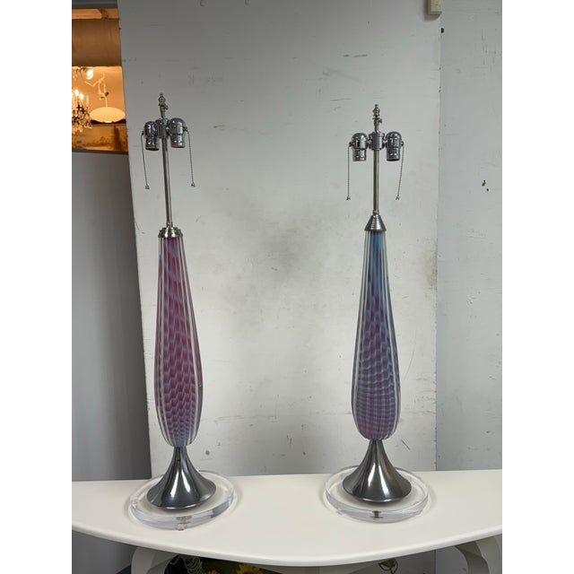 Design Plus Gallery presents a Pair of Vintage Opalescent Murano Table Lamps by DWM Maloos. These Vintage Opalescent Color...