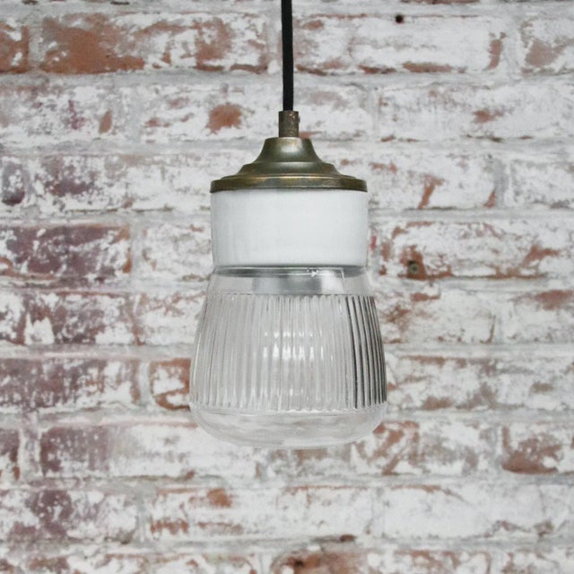 Vintage Industrial White Porcelain and Brass Pendant Light with Striped Clear Glass For Sale - Image 6 of 7