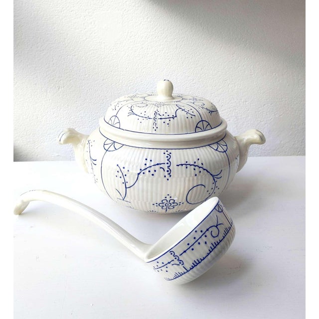 Antique Belgian Copenhagen Soup Tureen with Large Ceramic Ladle from Royal Boch Frères, 1940s, Set of 2 For Sale - Image 6 of 6