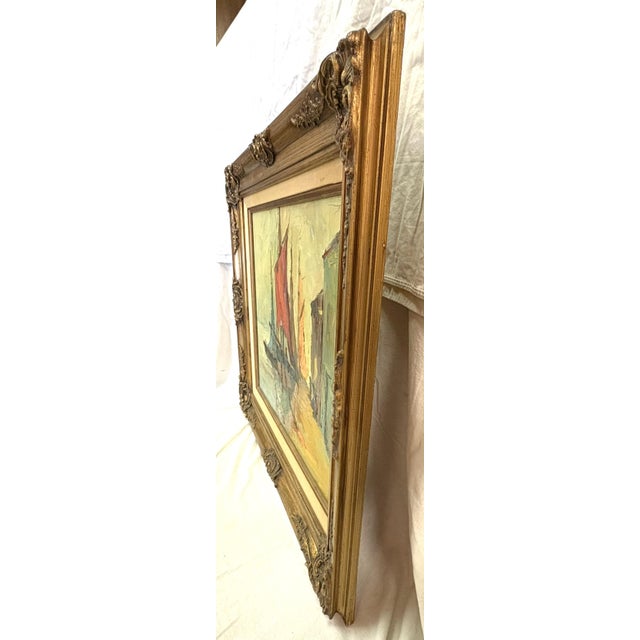 Early 20th Century Original Framed Oil Painting on Canvas 'Seaside Dock' Attributed to Louise Minert Kelly (American 1876-1945) For Sale - Image 13 of 17