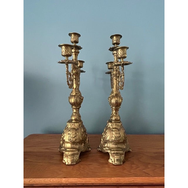 Antique French Louis XV Rococo Style Solid Brass 3-Light Candelabras - Pair, Cast Number 2 Description: For sale is a...