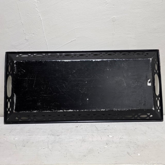 Mid Century Toleware Floral Tray Bar Cart Sever Black Oblong For Sale - Image 11 of 15