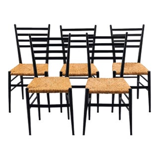 Set of 5 Italian Black Ladder Back Dining Chairs With Rush Seats, 1960s For Sale