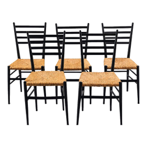 Set of 5 Italian Black Ladder Back Dining Chairs With Rush Seats, 1960s