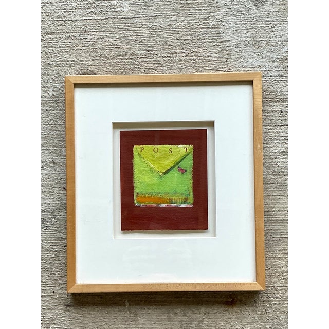 Green Framed Abstract Mixed Media Postal Design Art For Sale - Image 8 of 12