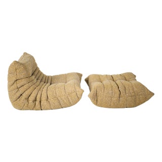 Togo Lounge Chair and Pouf in Caramel Loop Fabric by Michel Ducaroy for Ligne Roset, 1973, Set of 2 For Sale
