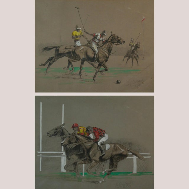 Eugène Pechaubès, Equestrian Sporting Scenes: Deauville Polo and Longchamp Horse Race, 1950s, Lithographs, Set of 2 For Sale - Image 10 of 10