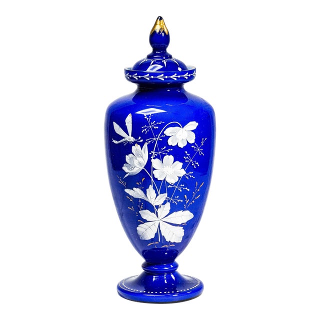 Striking Cobalt Blue and Hand Painted White Dragon Fly Flower Design Antique Victorian Decorative Vase For Sale